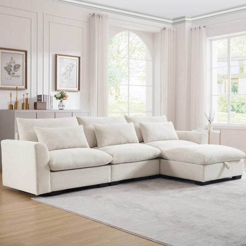Canapé modulaire en L avec repose-pieds avec rangement et 3 coussins, Velours côtelé beige, 34.6" H x 122" W x 33.8" D