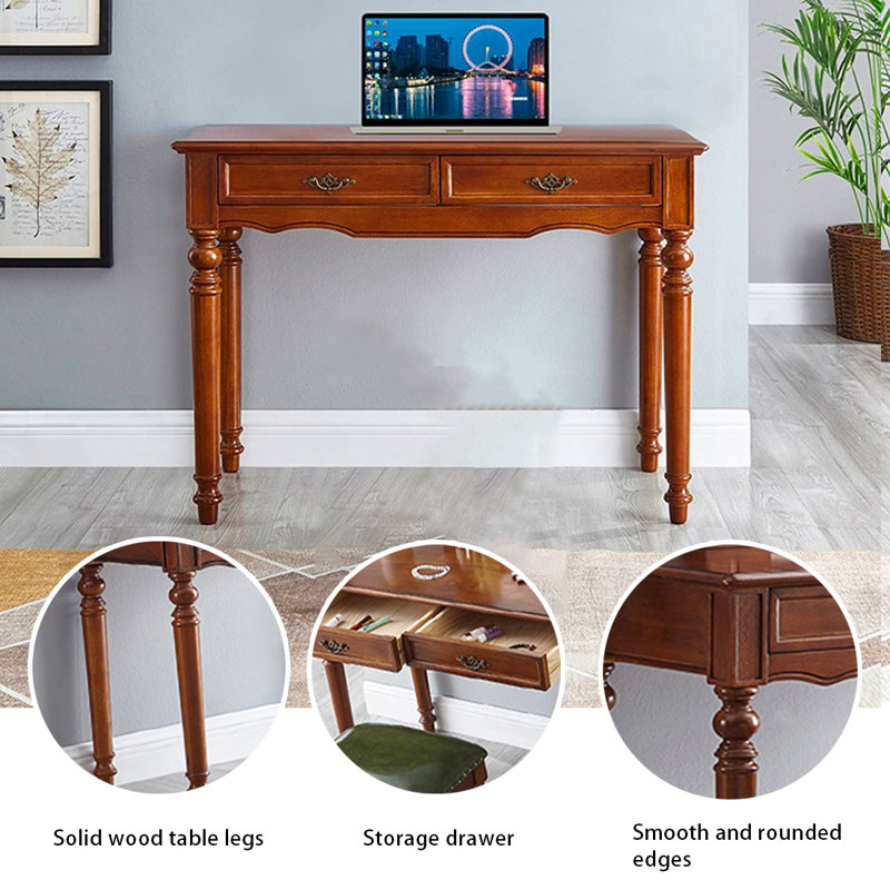 Bureau rectangulaire en bois massif brun noisette avec 2 tiroirs, H 29,53 po x l 39,37 po x P 17,72 po