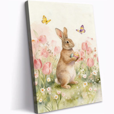Easter Bunny Canvas Wall Art, Rabbit Holding Egg Poster Prints, Spring Flowers Watercolor Picture Painting, Christian Home Decor Ready to Hang Artwork for Nursery Bedroom Living Room, 12×18 Inches