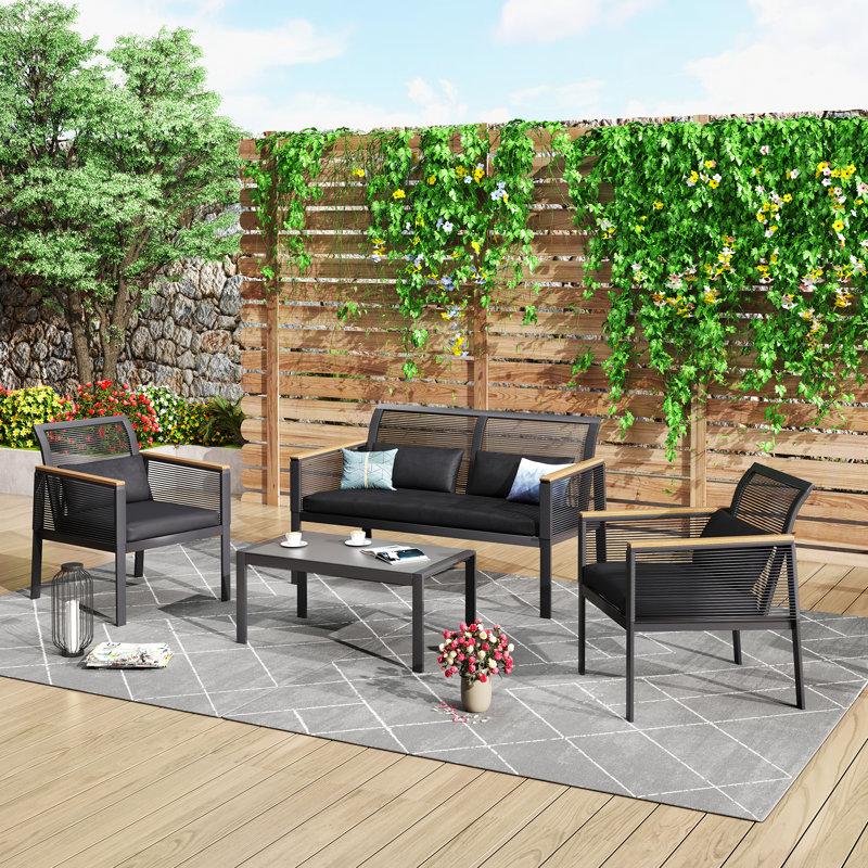 Atila 4-Person Outdoor Seating Group Wicker Patio Conversation Sets with Cushions
