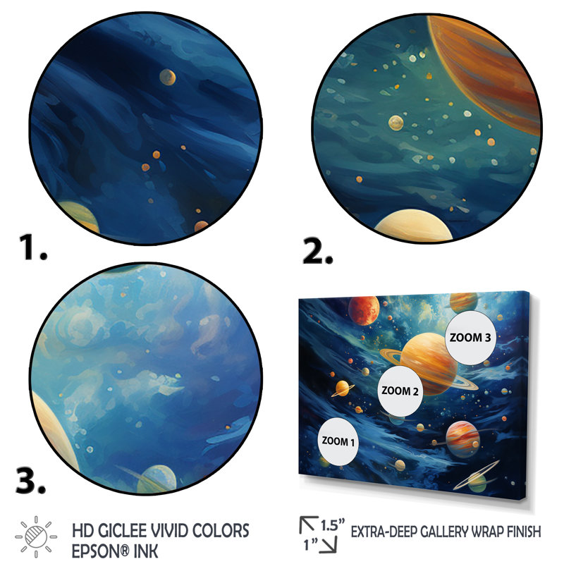 Planète bleue et orange, Odyssey II, art mural, Cadre flottant doré, H 24 po x l 32 po x P 1 po