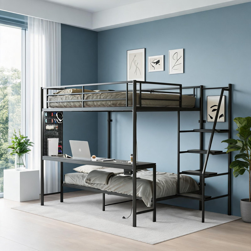Lit superposé double en métal et bois, noir élégant avec lumières DEL et station de charge pour les petites chambres partagées
