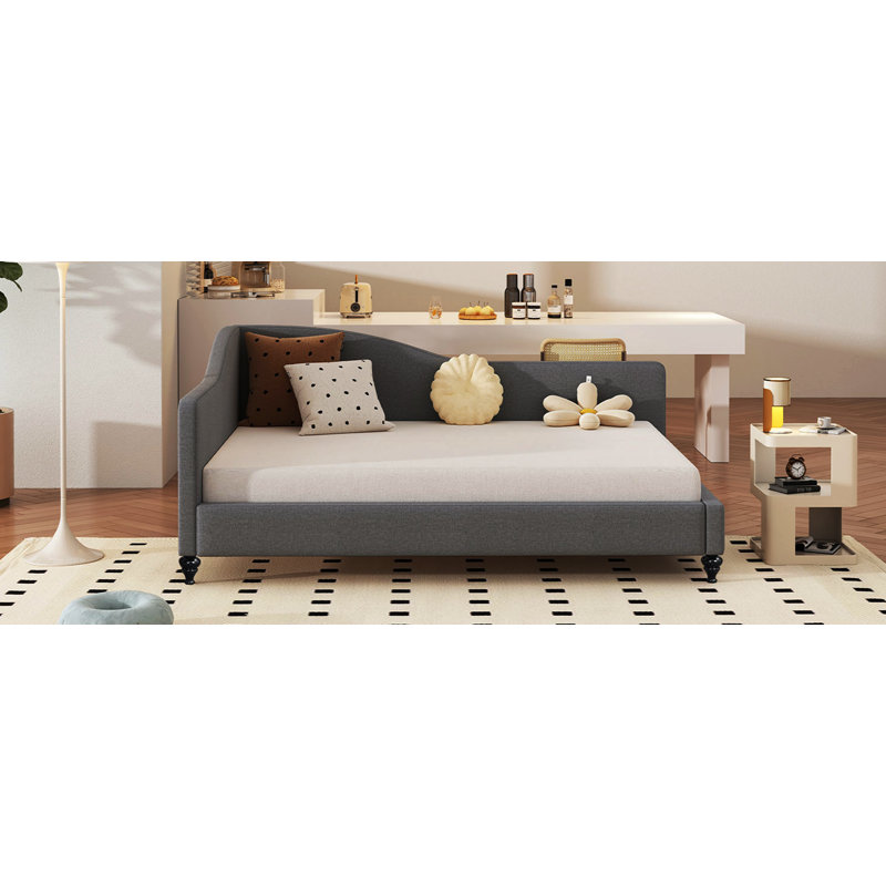 Full Size L-Shaped Linen Daybed, With Solid Wood Legs, Gray, Full/Double