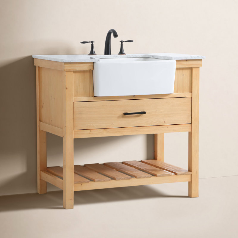 Pelaghia 36'' Single Bathroom Vanity with Marble Top, Natural Wood