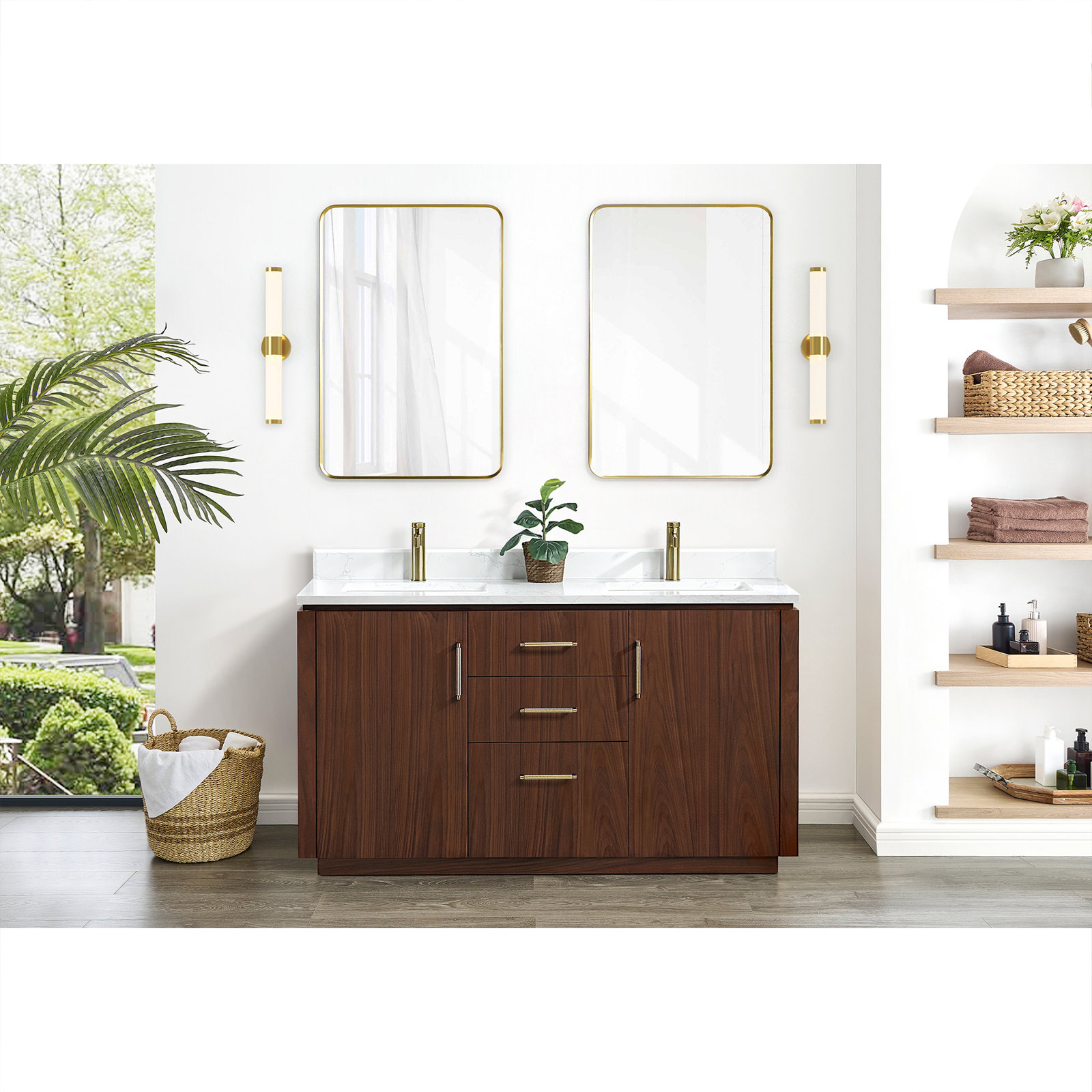 Cloverfield 60'' Double Bathroom Vanity, Natural Walnut, Gold