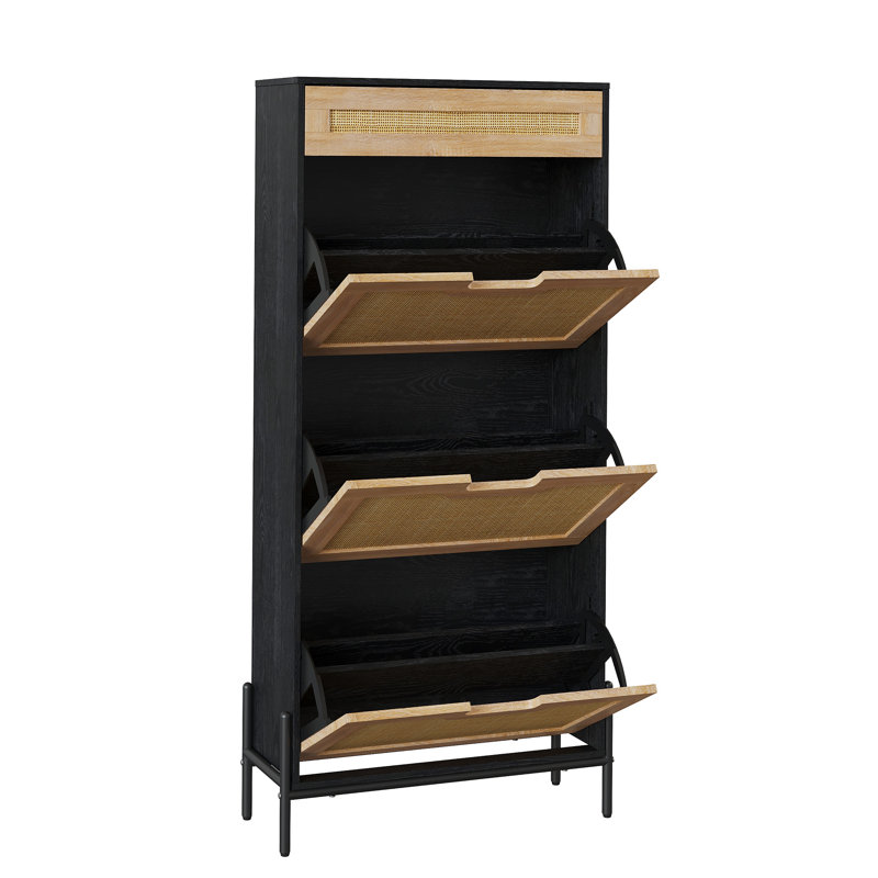 Armoire à chaussures étroite à 6 tiroirs en rotin à l'avant, console de rangement pour chaussures à profondeur cachée avec pieds surélevés en métal, range-chaussures minimaliste Farmhouse pour vestibule de porte d'entrée
