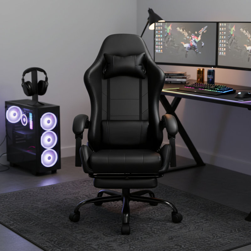 Black Gaming Chair For Home And Office Use, High Back With Reclining Function, Footrest And Lumbar Support, Compatible With Computer Desks.