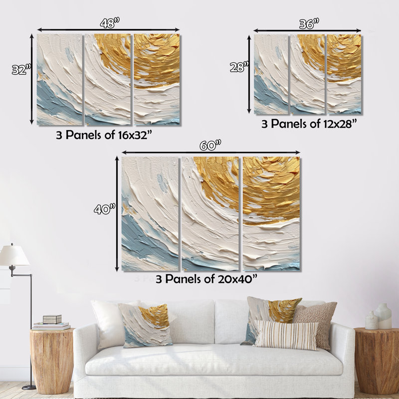 «Gold and Blue Vibrant Spirals II» sur toile, 3 pièces, H 28 po x l 36 po x P 1 po