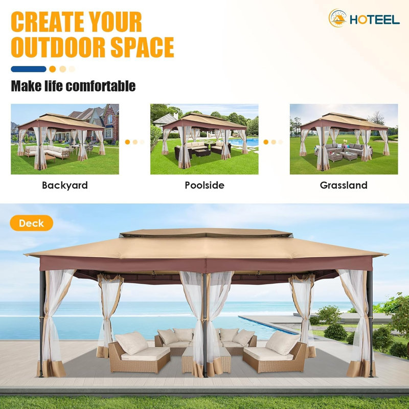 12x20 Heavy Duty Canopy Gazebo with 6 Mosquito Netting 100% Waterproof Large Canopy Tents for Patio, Party, with Double Roof Soft Top Screen Gazebo with Metal Steel Frame for Outside