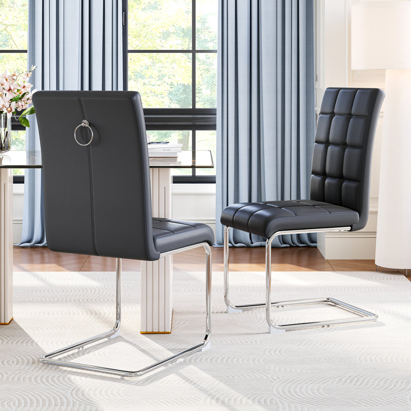 Modern Premium Faux Leather Conference Chairs With C-shaped Tube Metal Legs And High Back, 4, Silver, Black