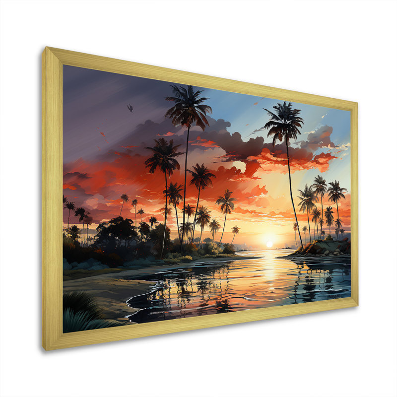 Palmiers, palmiers, sérénité, coucher de soleil sur toile, Encadrement doré, H 34 po x l 44 po x P 1,5 po