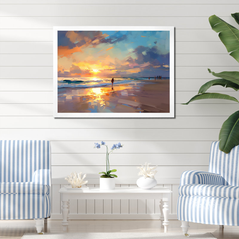 «Sunset Serenity By Ocean» en rose tendre et bleu sur toile, H 30 po x l 40 po x P 1,5 po, Cadre simple blanc