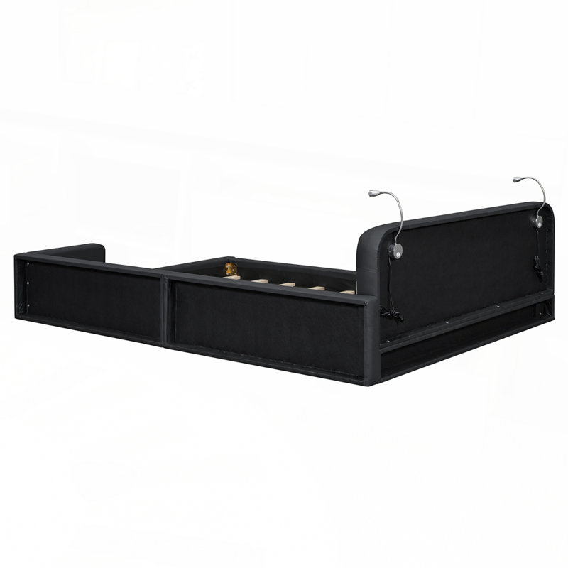 Lit luxueux en cuir Bitton avec lampes de lecture réglables et tête de lit ergonomique pour un confort ultime, Noir