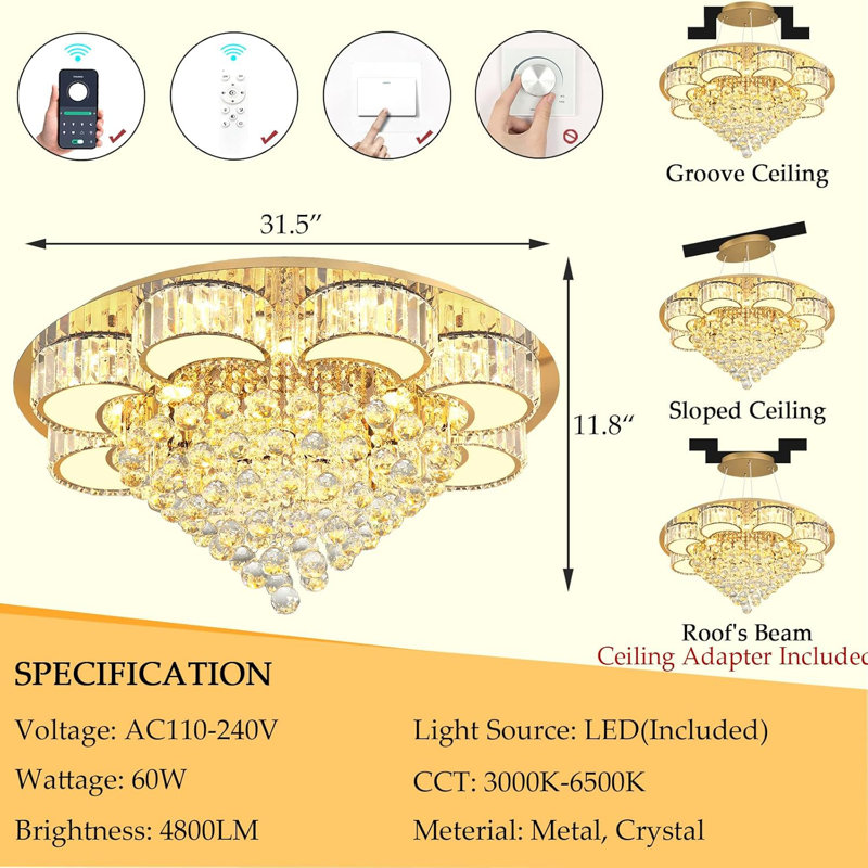 Glam Dimmable Crystal Chandelier, Gold