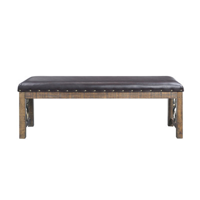 Banc de 56 po de largeur avec coussin de 3 po d'épaisseur, cuir synthétique noir, finition cerisier vieilli, 300 lb de poids, 16 po d'espace au sol, bois d'hévéa, contreplaqué, mousse de polyuréthane, métal, profondeur de 17 po, hauteur de 20 po