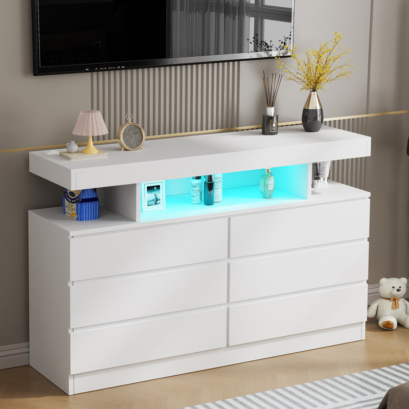 6 Drawer Dresser with Charging Station and LED Lights, White