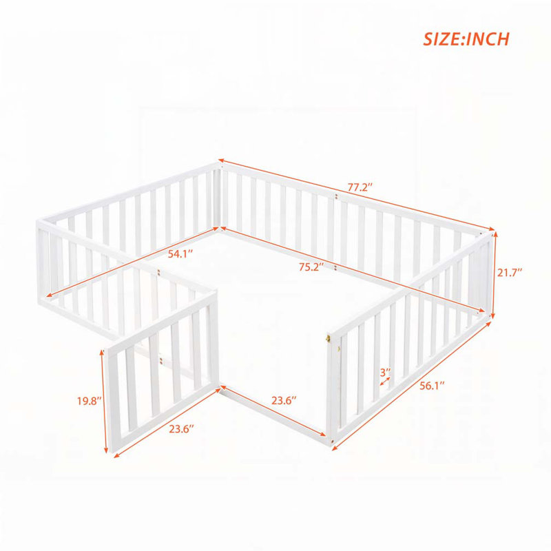 Structure de lit en bois avec clôture et porte, Blanc, Double