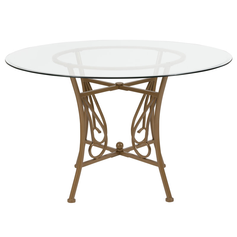 Corkey North 42'' Round Glass Dining Table with Curl Accent Matte Metal Frame, 29" H x 48" L x 48" W, Gold/Clear
