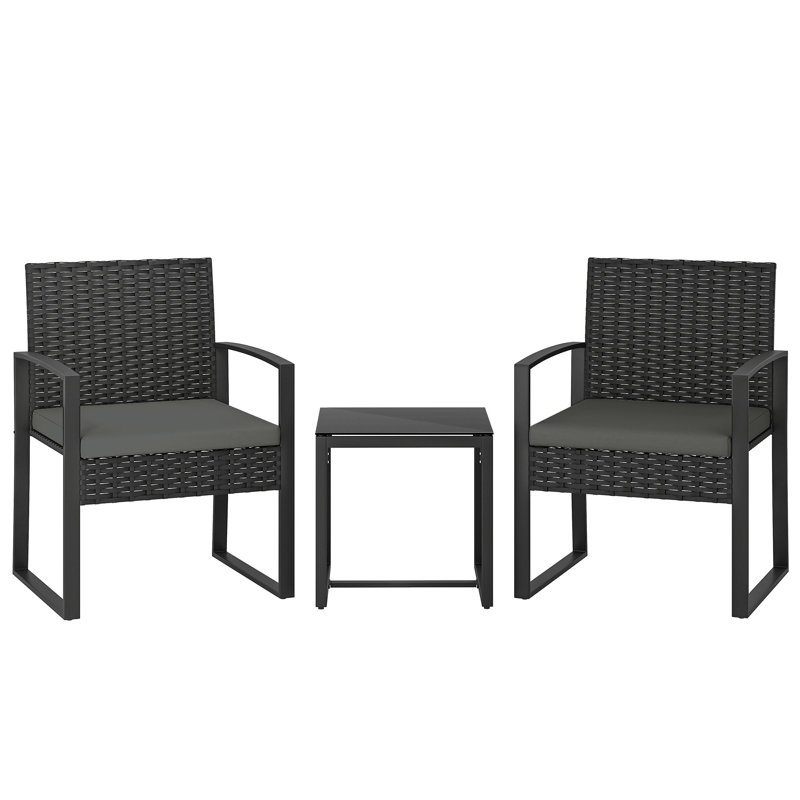 Outsunny 3 Piece PE Rattan Bistro Set for 2 with Cushions, Dark Grey