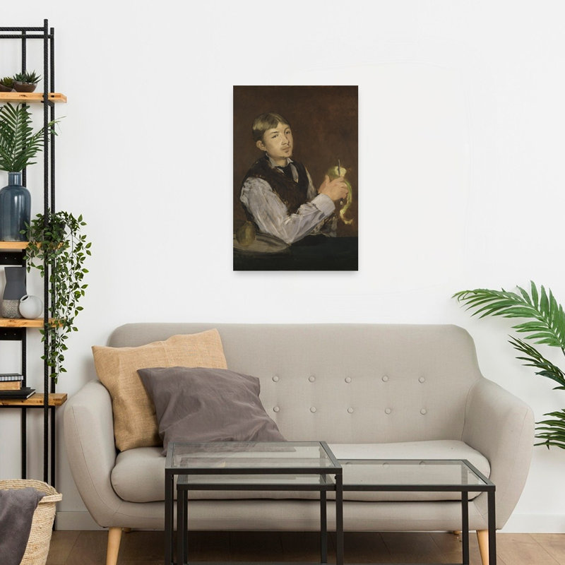 Jeune garçon épluchant une poire, vers 1867. Estampe d'art mural abstraite contemporaine représentant un fruit.