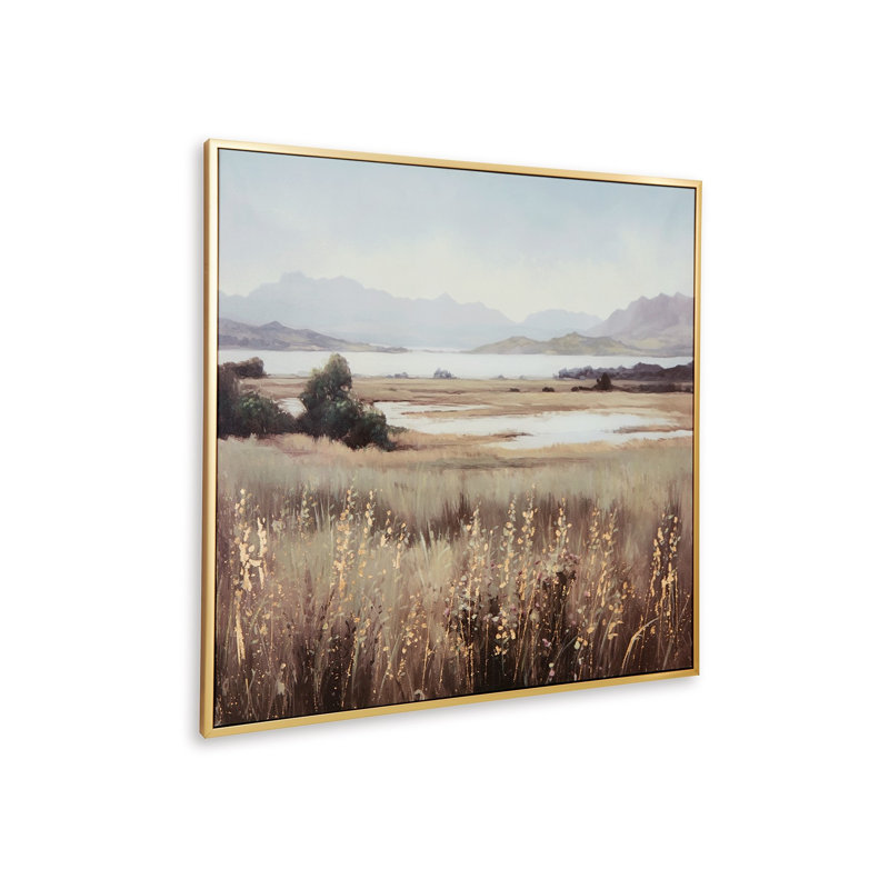 Art mural encadré, toile peinte 40 x 40, paysage de montagne au bord du lac