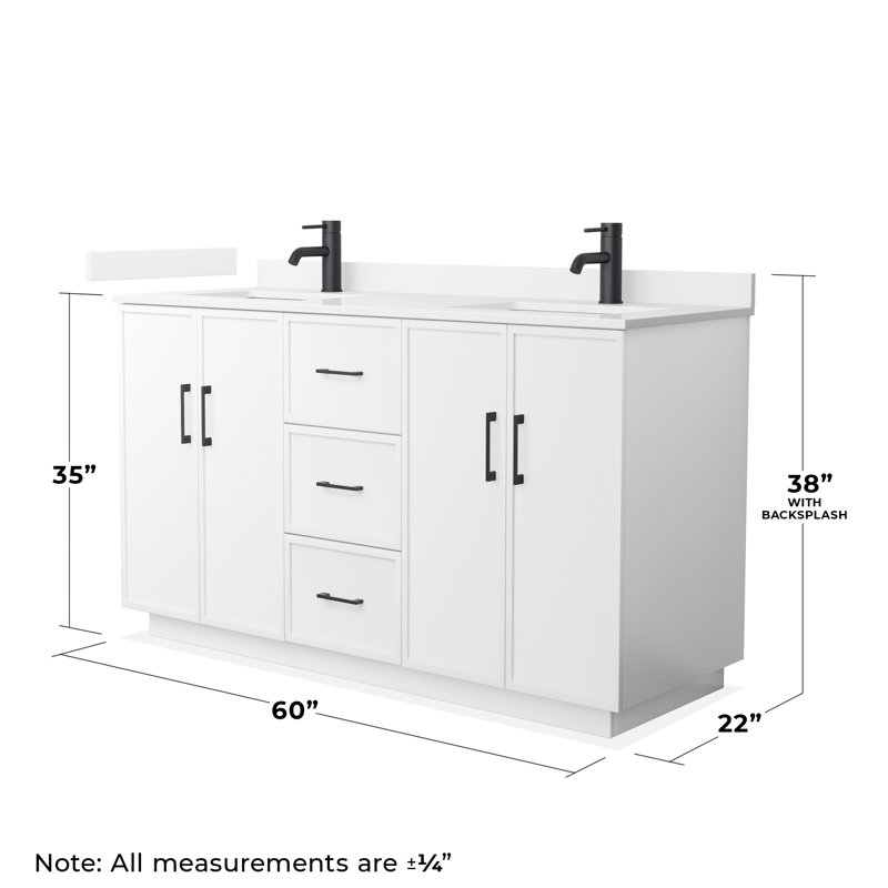 Meuble-lavabo double 60 po Elan TK, Blanc, Marbre de culture blanc, Noir mat