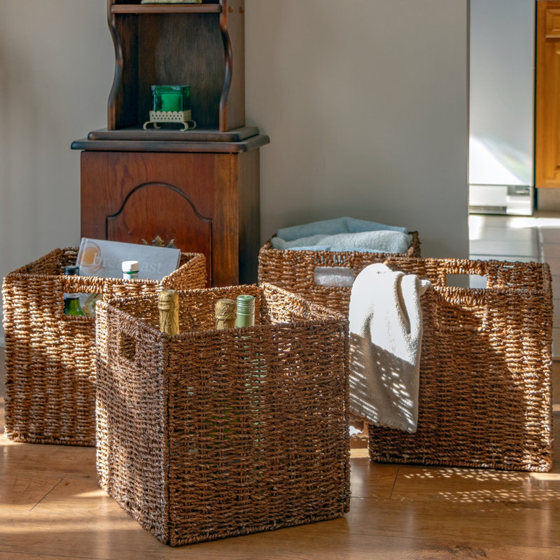 Walnut Brown Foldable Paper Rope Storage Baskets with Iron Frame, Set of 4
