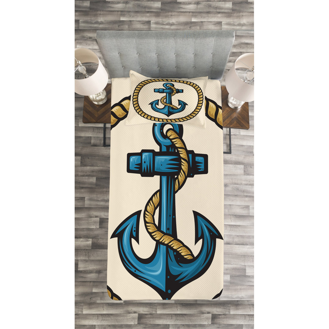 Gestepptes Bettdecken-Set, Sailor Emblem mit Seil, Anker, Blasser Kaffee Creme Blau