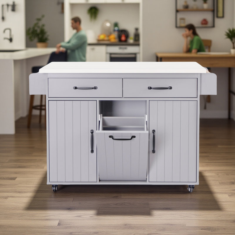 51" Kitchen Island Cart with Drop Leaf, Trash Can Storage Cabinet, Spice Rack & Wheels – Mobile or Stationary, Gray/White
