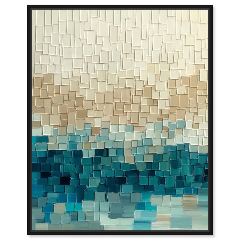 Pixelated Sea II, toile abstraite bleue par Art Remedy, H 21 po x l 17 po, Cadre flottant noir