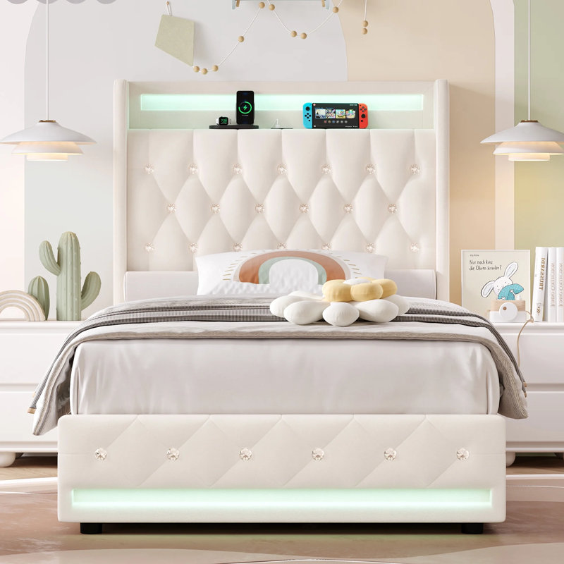 Glastonbury Upholstered Wingback Bed, 4 Drawers Storage Bed with LED Light