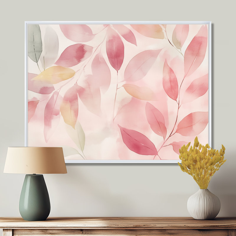 «Blush Leaves Accent II» - impression sur toile botanique rose, H 12 po x l 20 po, Cadre flottant blanc