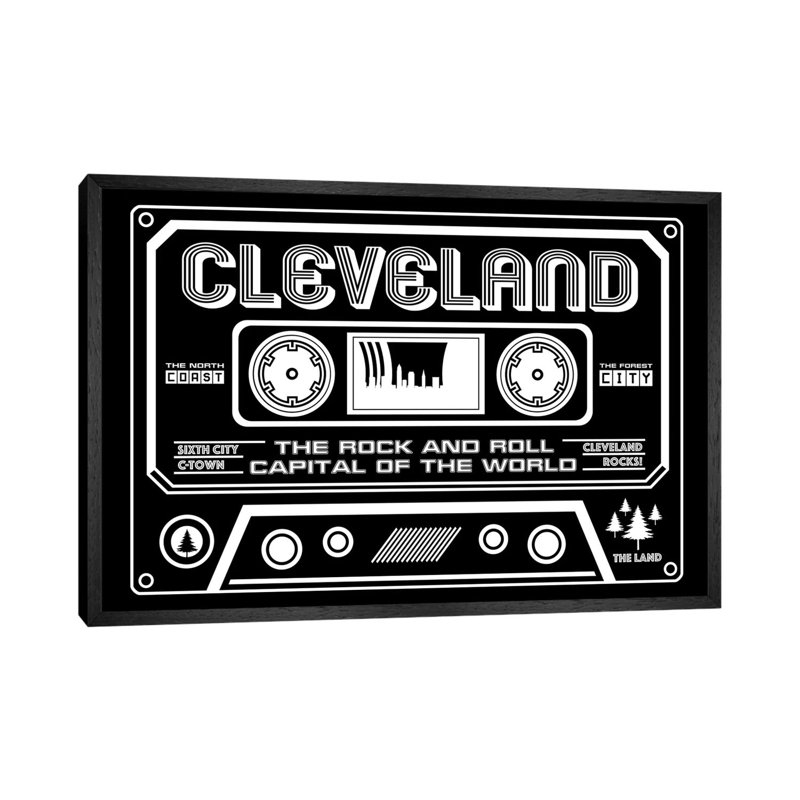 Cleveland Cassette - Dark Background 1 Piece Wall Art on Canvas, 66.04cm H x 101.6cm W x 3.81cm D, Black Framed