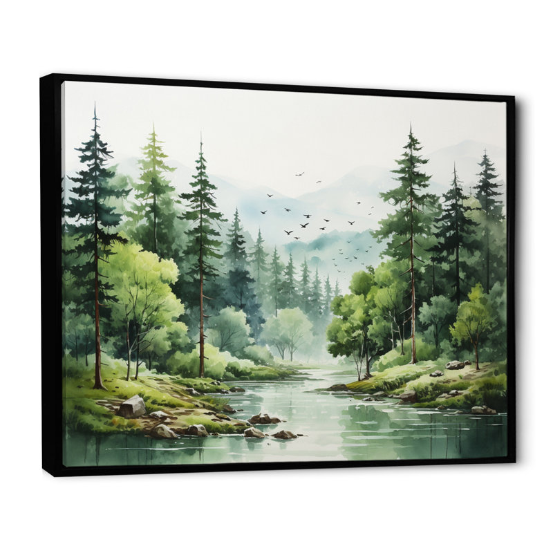 Tranquil Forêts, paysage I, art mural forêt pour le salon, Cadre flottant noir, H 16 po x l 32 po x P 1 po