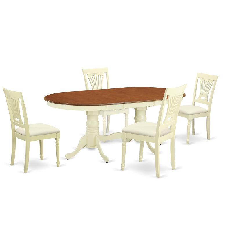 5 Piece Kitchen Table & Chairs Set Includes an Oval Dining Room Table with Butterfly Leaf and 4 Linen Fabric Chairs, Buttermilk & Cherry