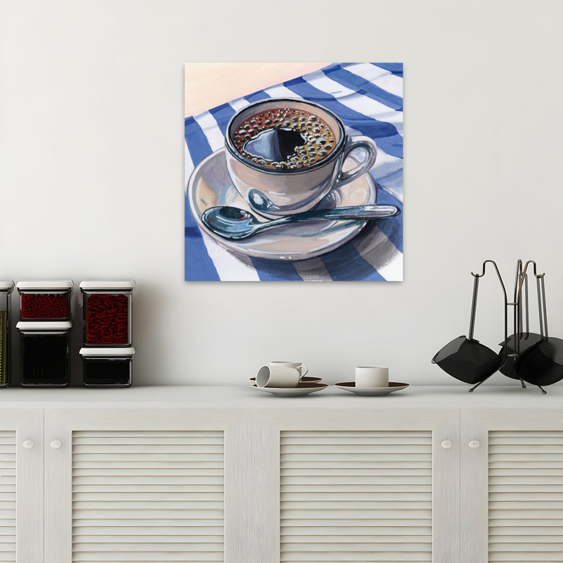 Café noir sur toile rayée, art contemporain, H 18 po x l 18 po