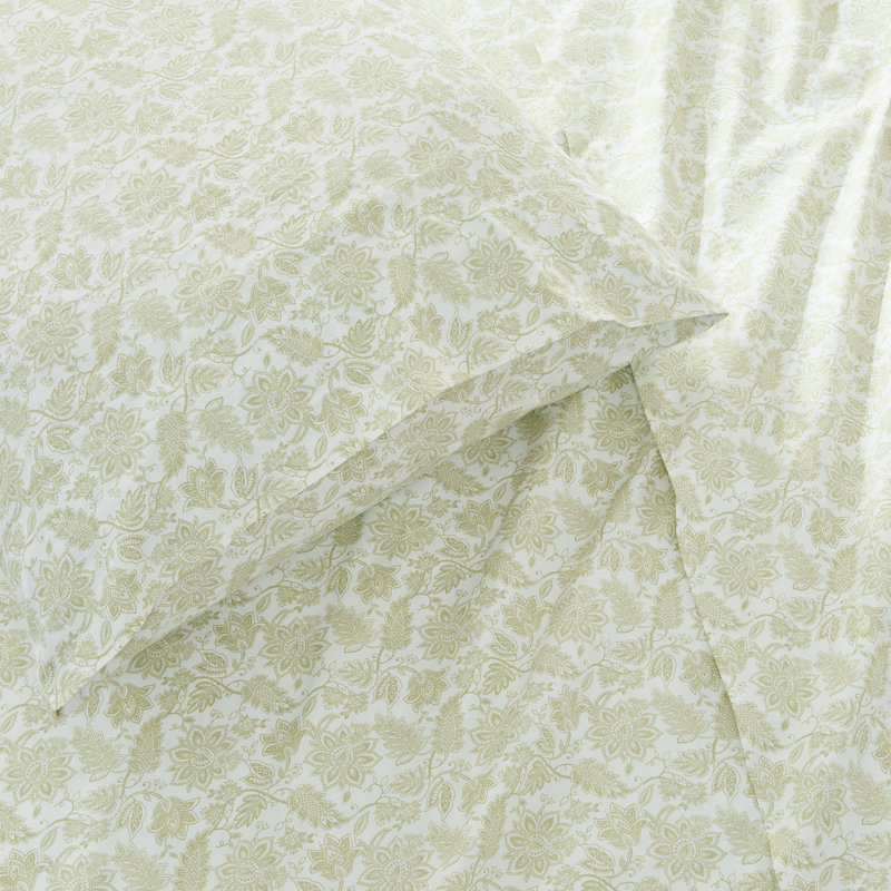 Floral Jacobean Cotton Sheet Set Sage, Twin Sheet Set with 1 Pilowcase