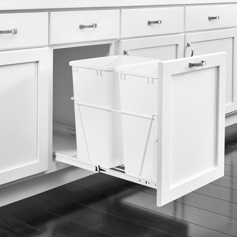 Rev-A-Shelf White Steel Pullout Trash Can with Double Waste Containers for Kitchen Base Cabinets
