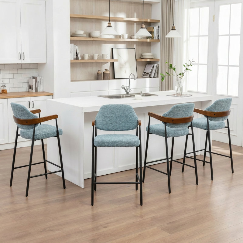 Tabouret de comptoir rembourré avec accoudoirs Devane, Bleu