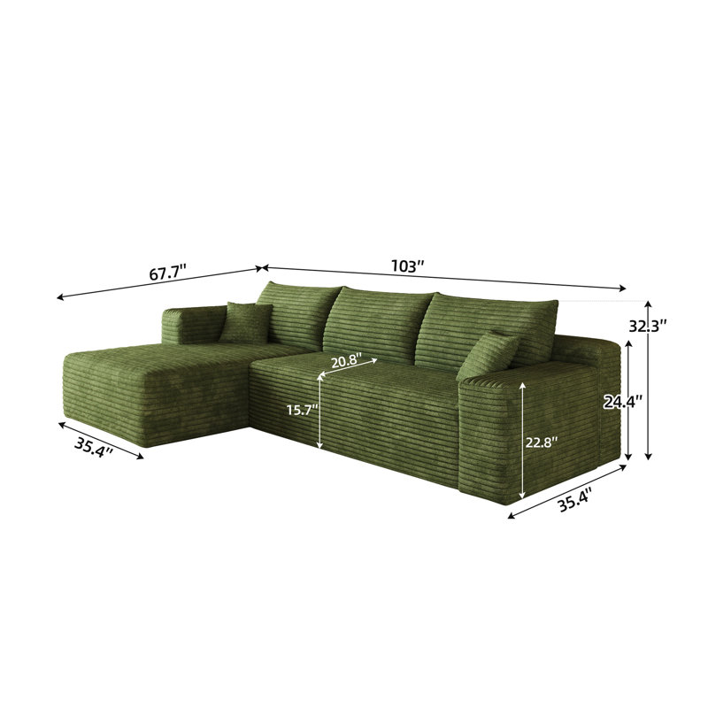 Canapé modulaire en forme de L de 103 po en velours côtelé pelucheux, aucun assemblage requis, Green Corduroy