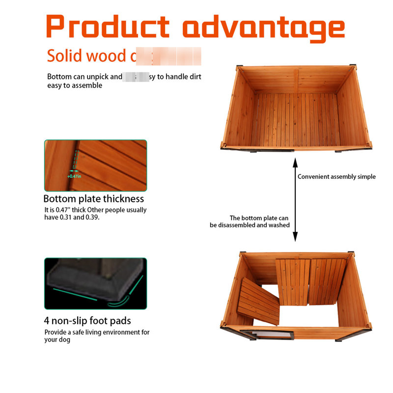 Grande maisonnette d'extérieur et d'intérieur - 45 po en bois, pieds surélevés, chenil en bois massif noir doré pour chiens, et avec fondation imperméable supérieure, rouge or