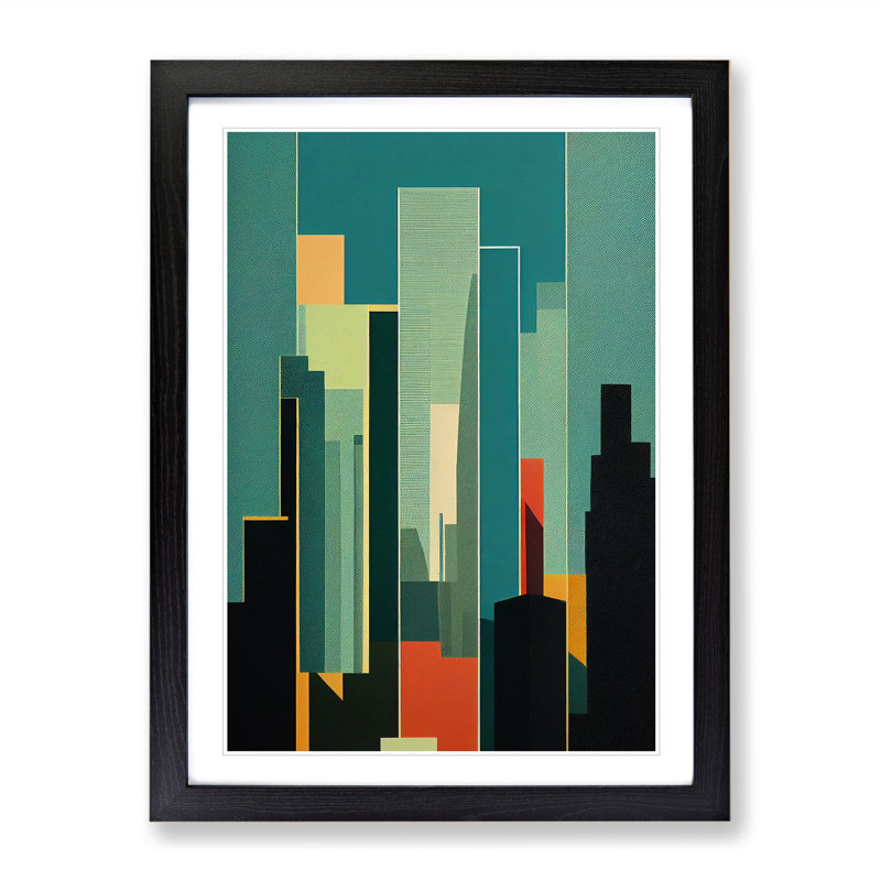 City Skyline In Deco No.2 - Single Picture Frame Print, 46cm H x 34cm W x 2cm D, Black