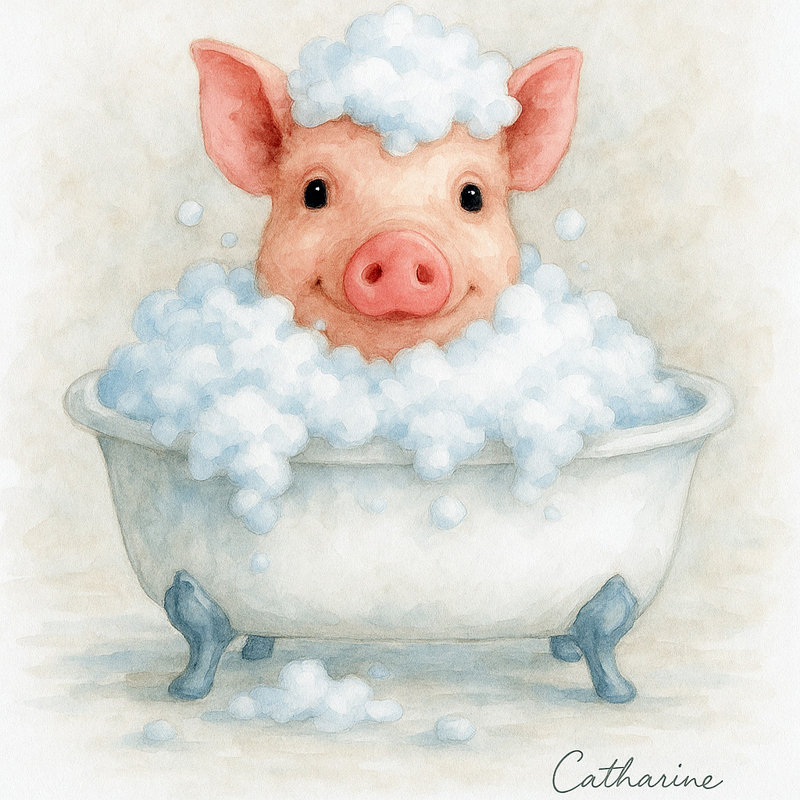 «Bubble Bliss - Pig in Bathaign», art mural sur toile tendue, H 40 po x l 40 po