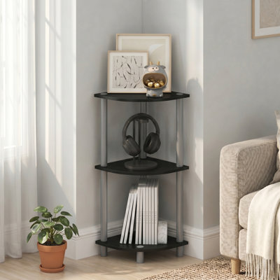 Étagère de coin noire à 3 niveaux, montage sans outil, idéale pour ranger et organiser votre salon, bureau ou chambre.