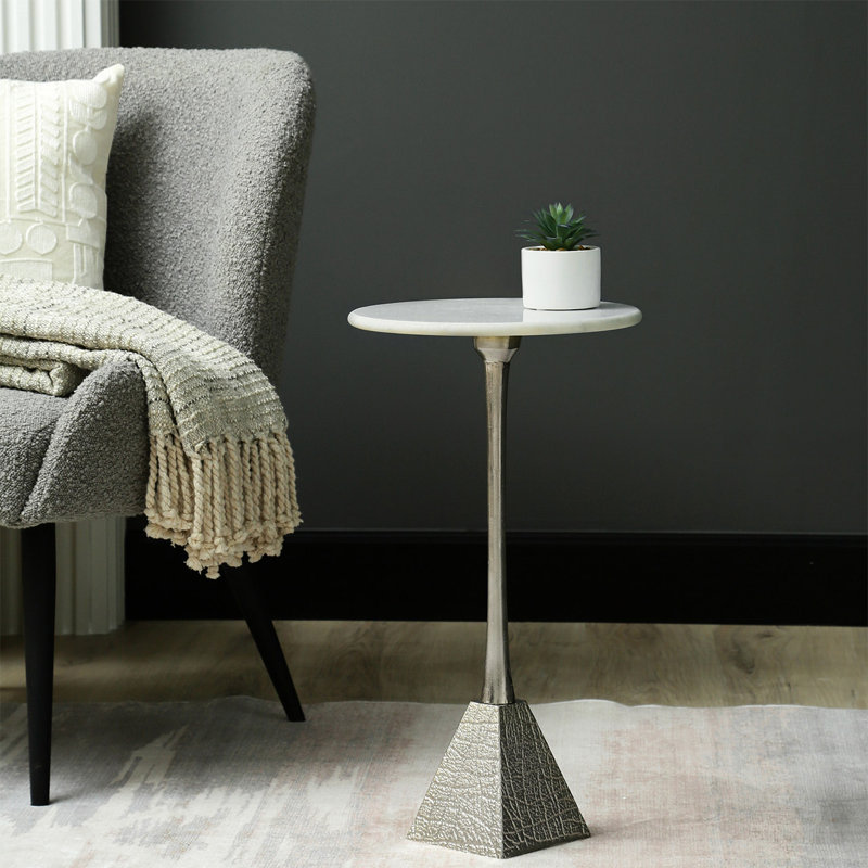 Marble Top Round End Table for Living Room Furniture, 55cm Tall Metal Sofa Side Table, Bedside Table, Silver, White