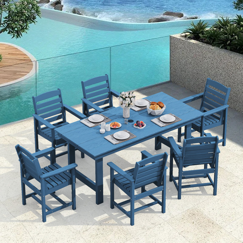 Reata 66.9" L 6-Person Rectangular Weather-Resistant Outdoor Dining Set, Navy Blue