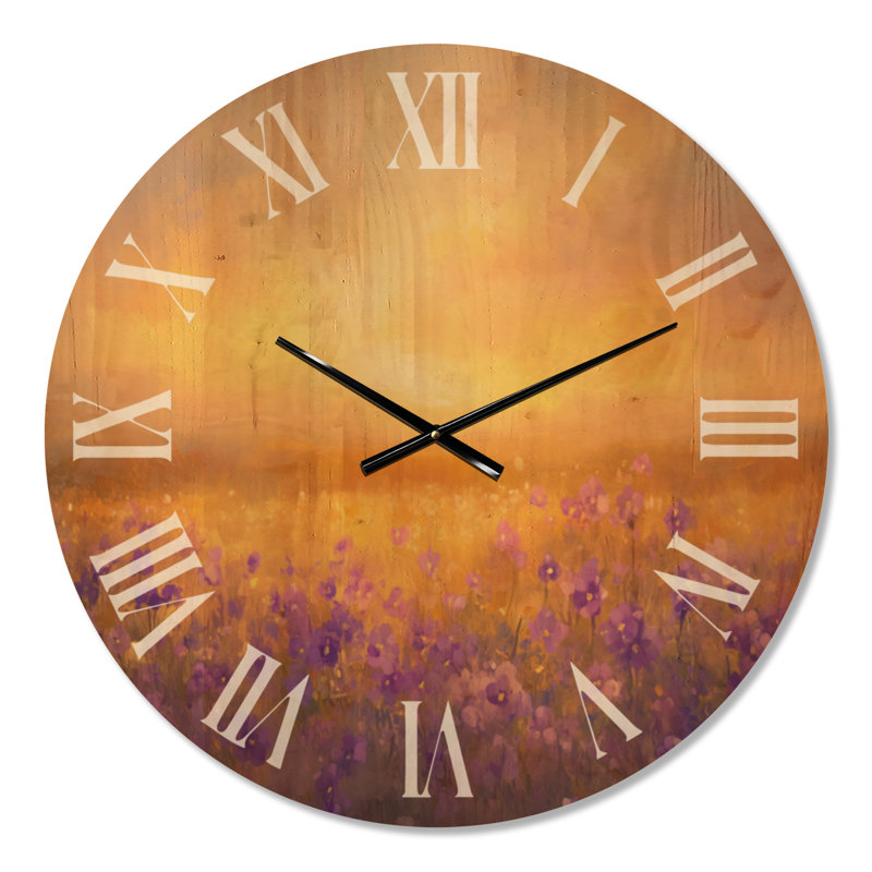Horloge murale florale - champ violet doré, imprimée sur bois, Medium