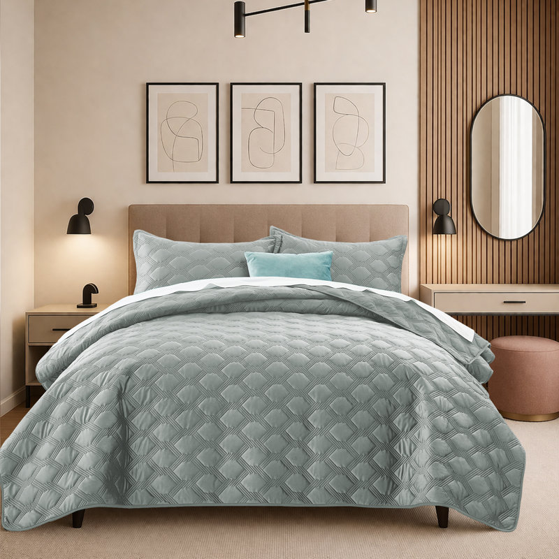 Reversible Diamond Embossed Bedspread Set – Geometric Quilt With Shams, King Bedspread Set with 2 Pillow Shams