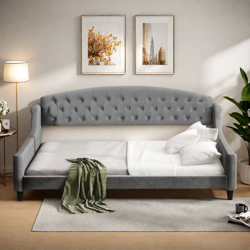 Modern Daybed With Tufted Button And Solid Legs, Gray