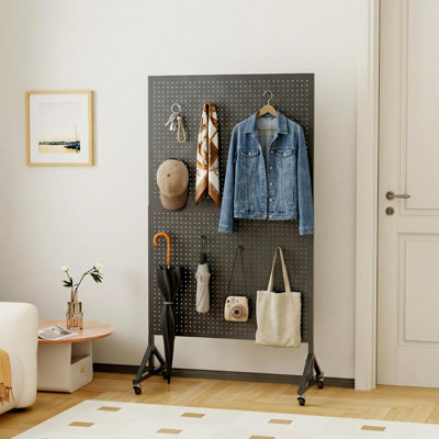 Metal Pegboard Panel, 36" x 66" Peg Board Display Stand with 40 Hooks and Wheels, Adjustable Height, Large Pegboards for Garage, Vendor, Office, Retail Display Rack (Black)
